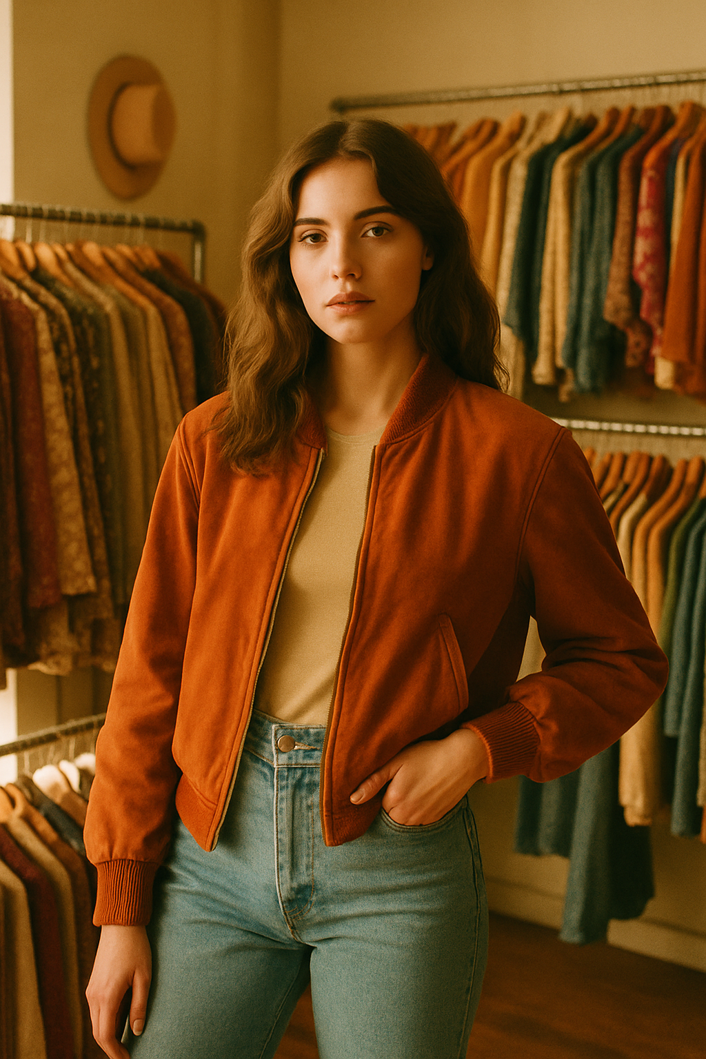 Young woman wearing a burnt-orange 70s bomber jacket and high-waisted denim in a sunlit retro boutique