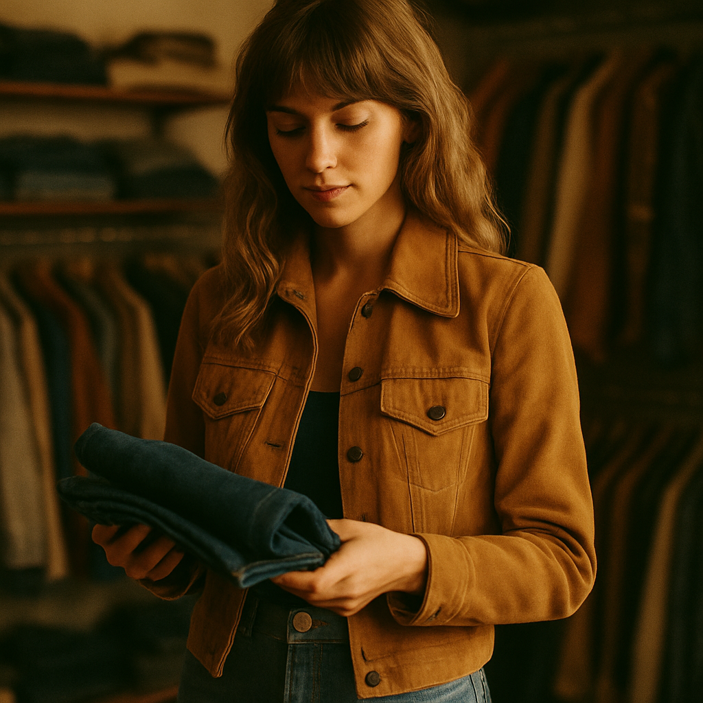 Vintage boutique stylist in a mustard suede jacket holding a denim piece, warm cinematic lighting