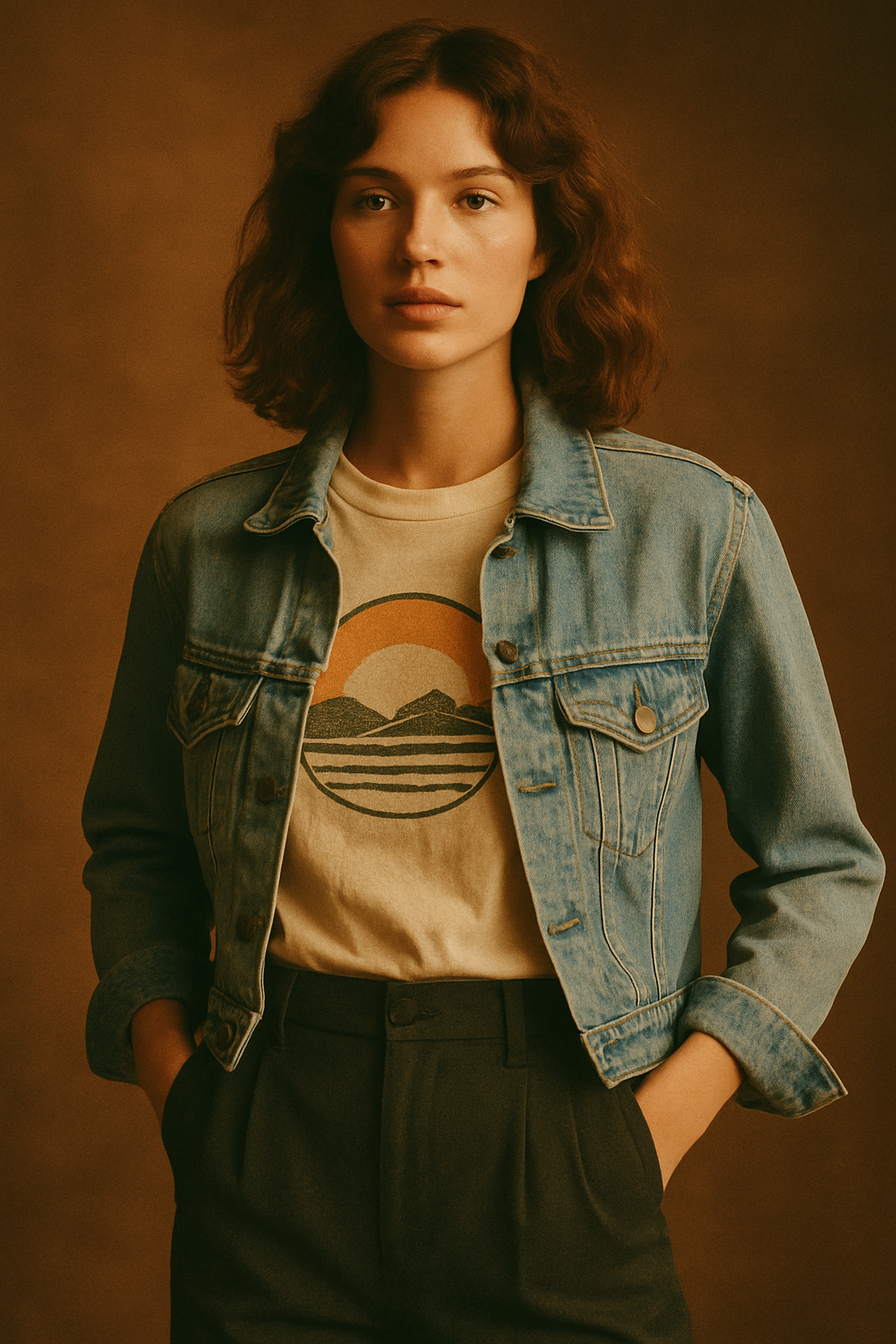Editorial-style photo of a vintage fashion model wearing a faded denim jacket and high-waisted trousers, warm cinematic lighting, nostalgic boutique mood