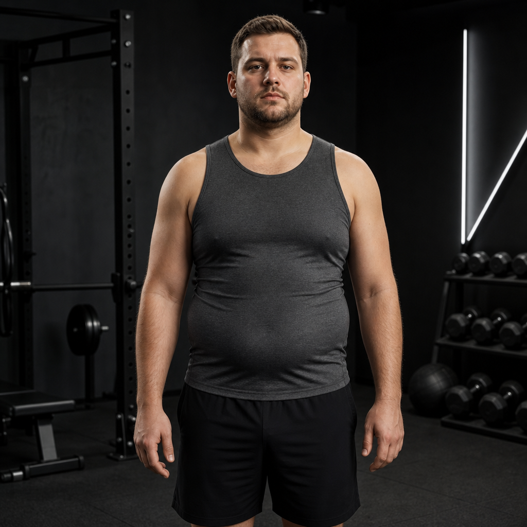 Before photo of a fit adult male with higher body fat wearing a charcoal athletic tank in a gym