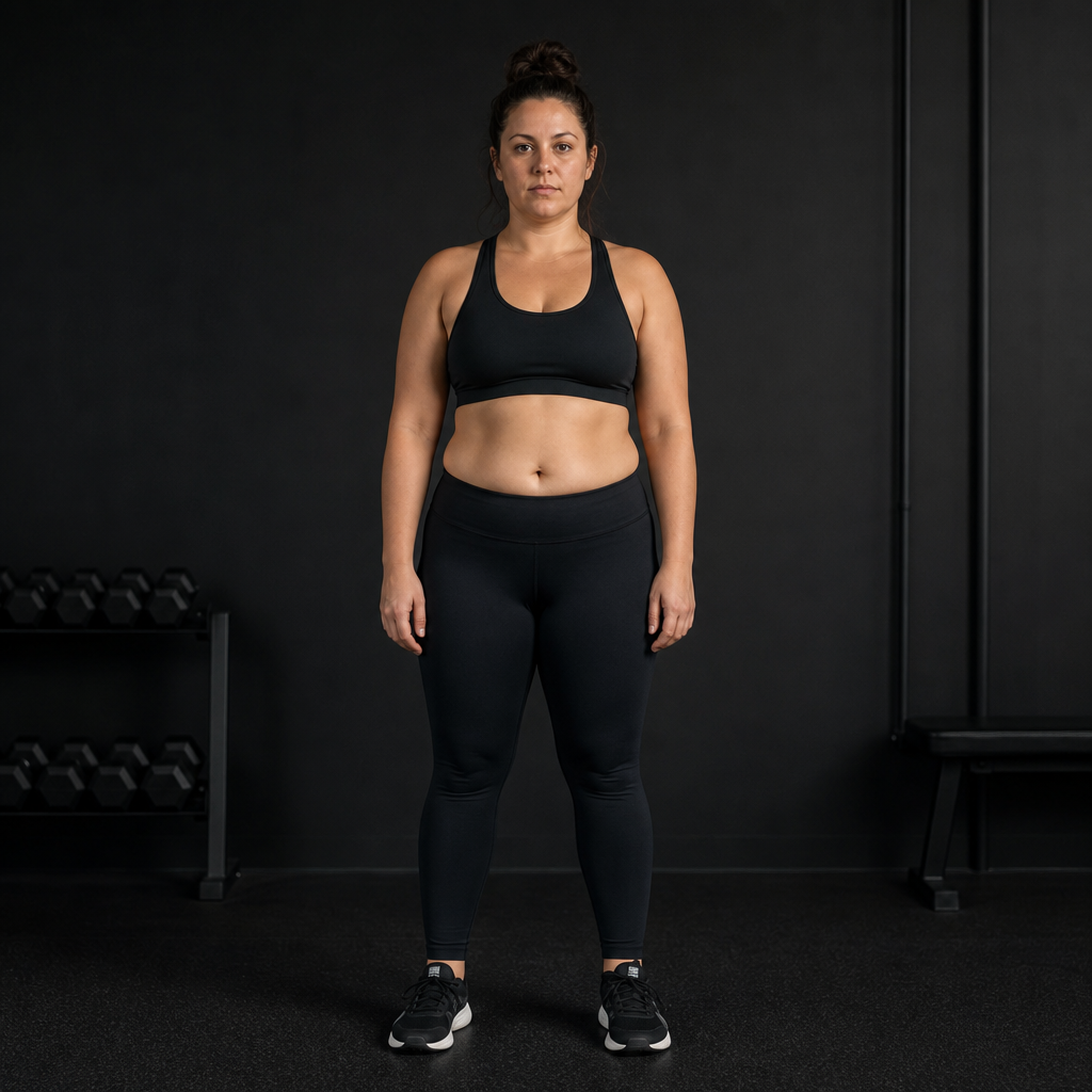Before photo of an adult female with softer midsection wearing a dark sports bra in a studio