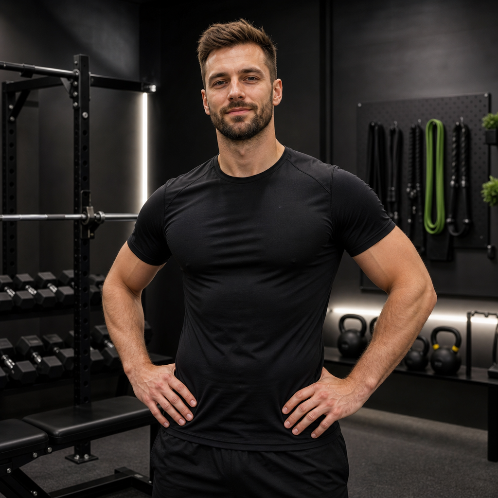 After photo of the same adult male with slimmer waist and visible chest wearing a black tee in the home gym