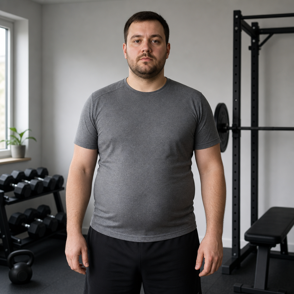 Before photo of an adult male with rounder waist wearing a gray tee in a bright home gym