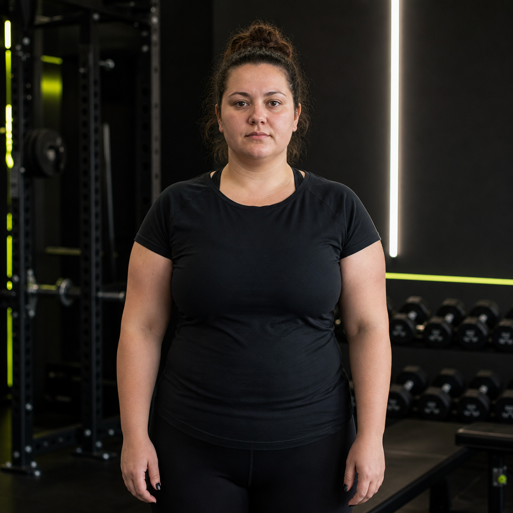Before photo of an adult female with softer arms wearing a dark athletic tee in a gym
