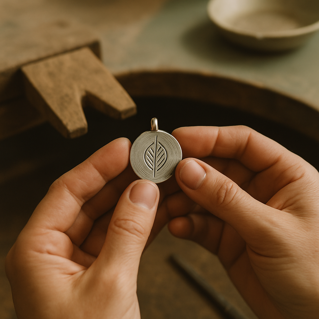 Hands holding an engraved pendant in a cozy studio