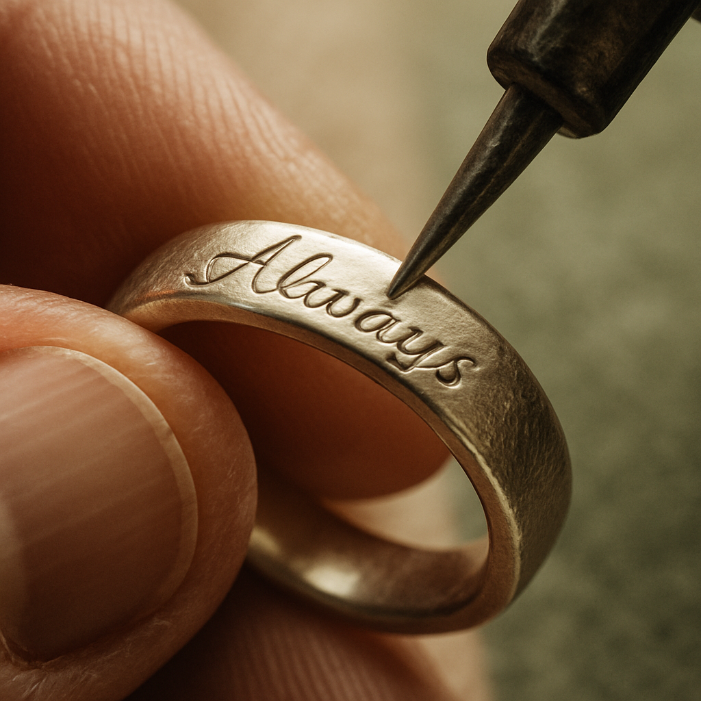 Close-up of a silver ring being hand-engraved with delicate lettering