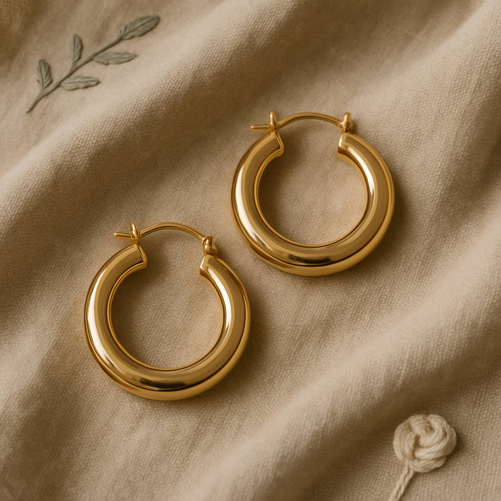 Gold hoop earrings on linen with artisan styling