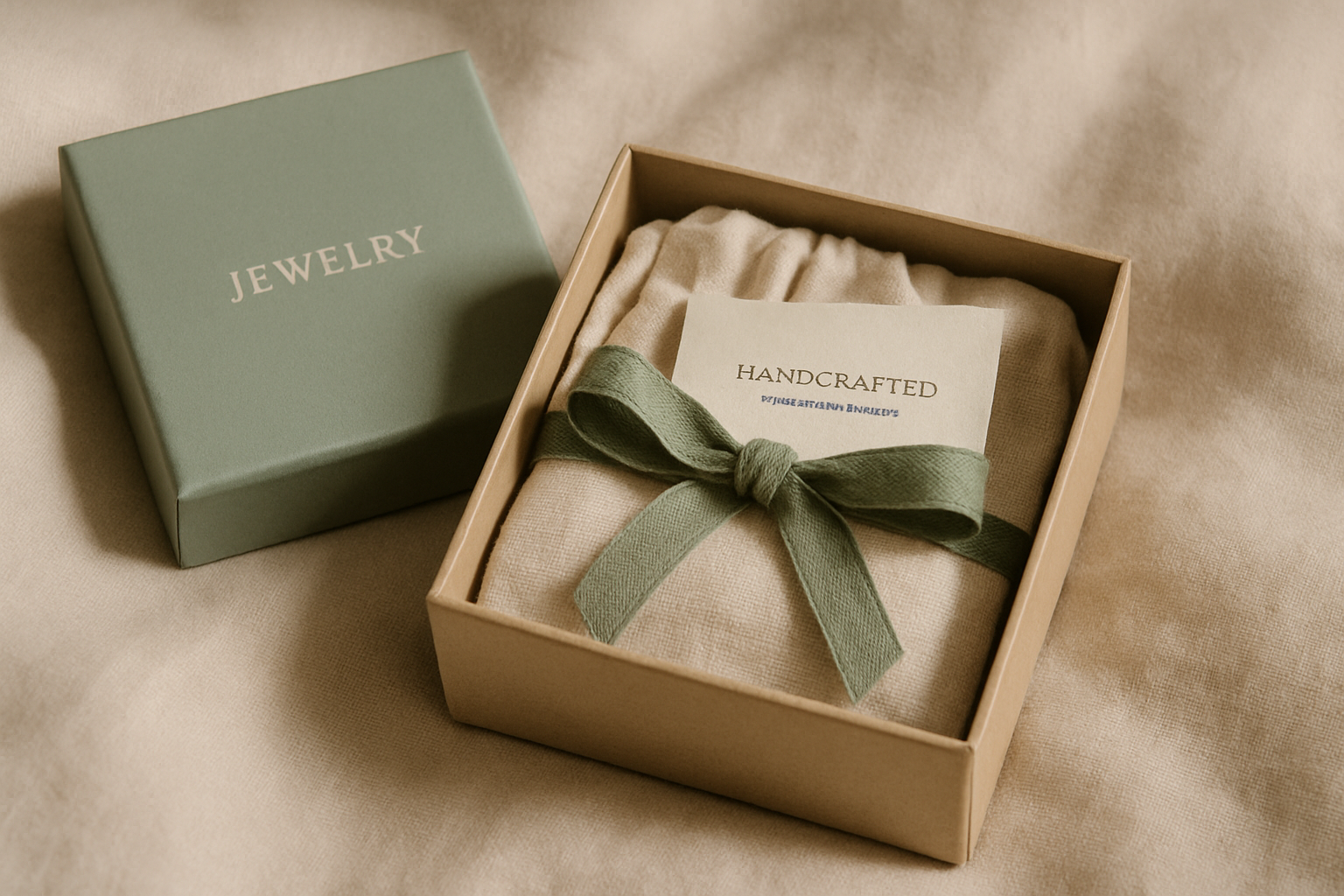 Handmade jewelry gift box with linen pouch, ribbon, and artisan card