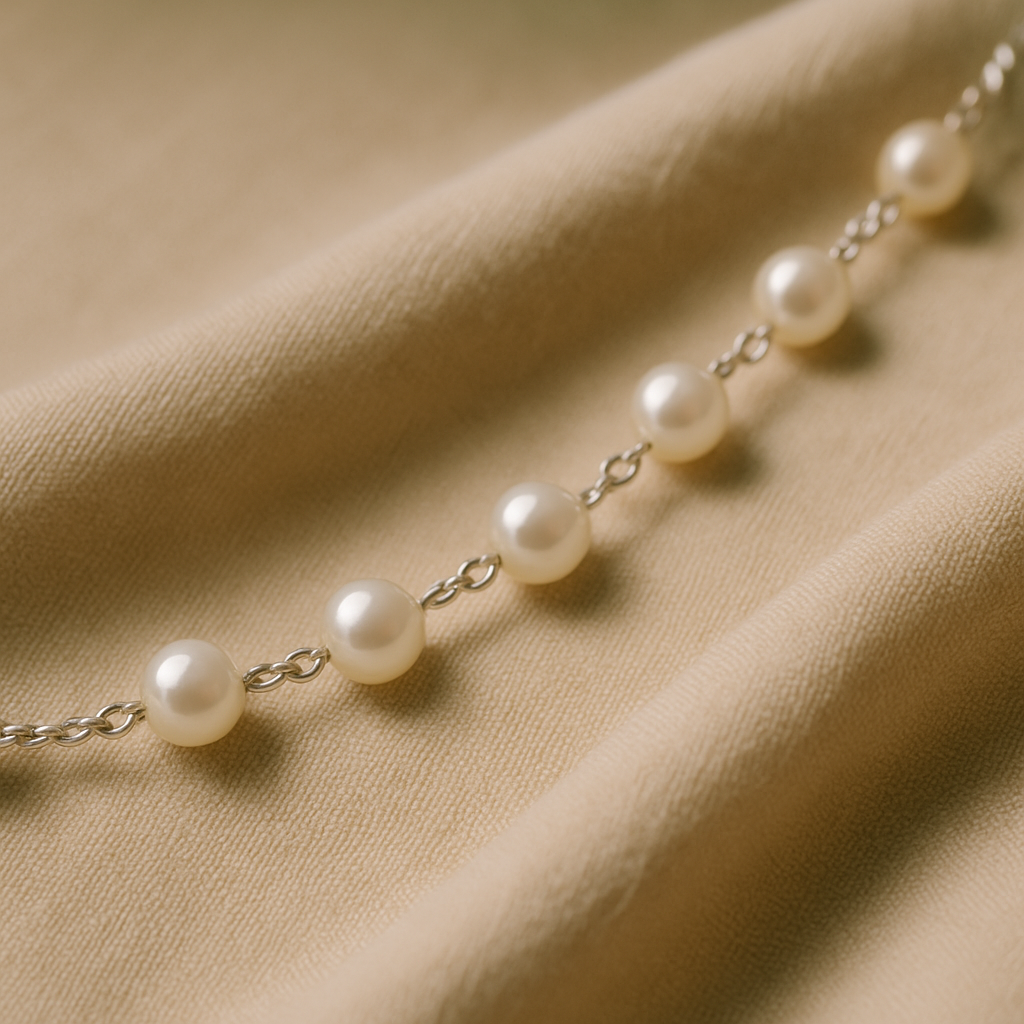 Pearl necklace close-up with warm studio lighting