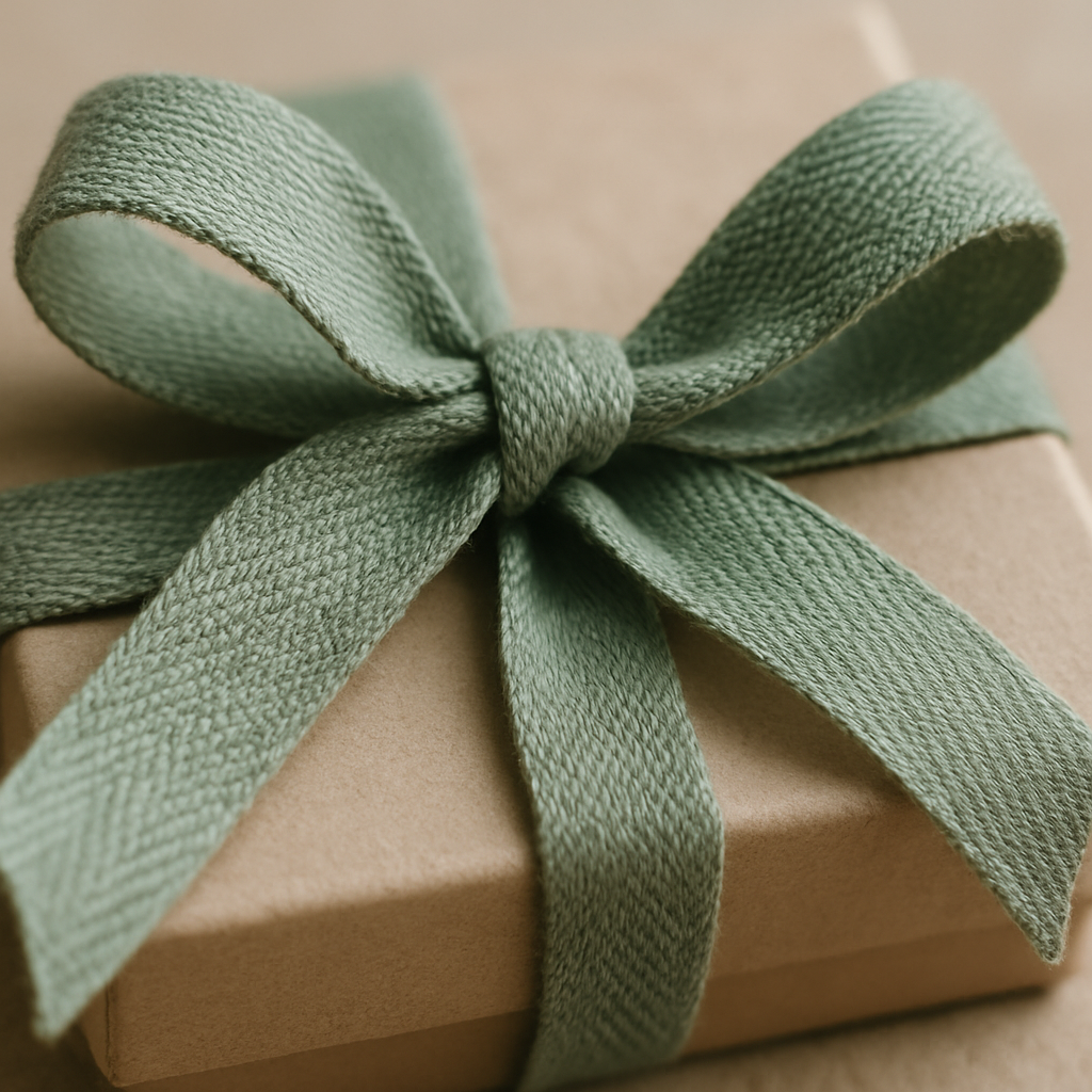 Close-up of sage ribbon tying a neutral jewelry box