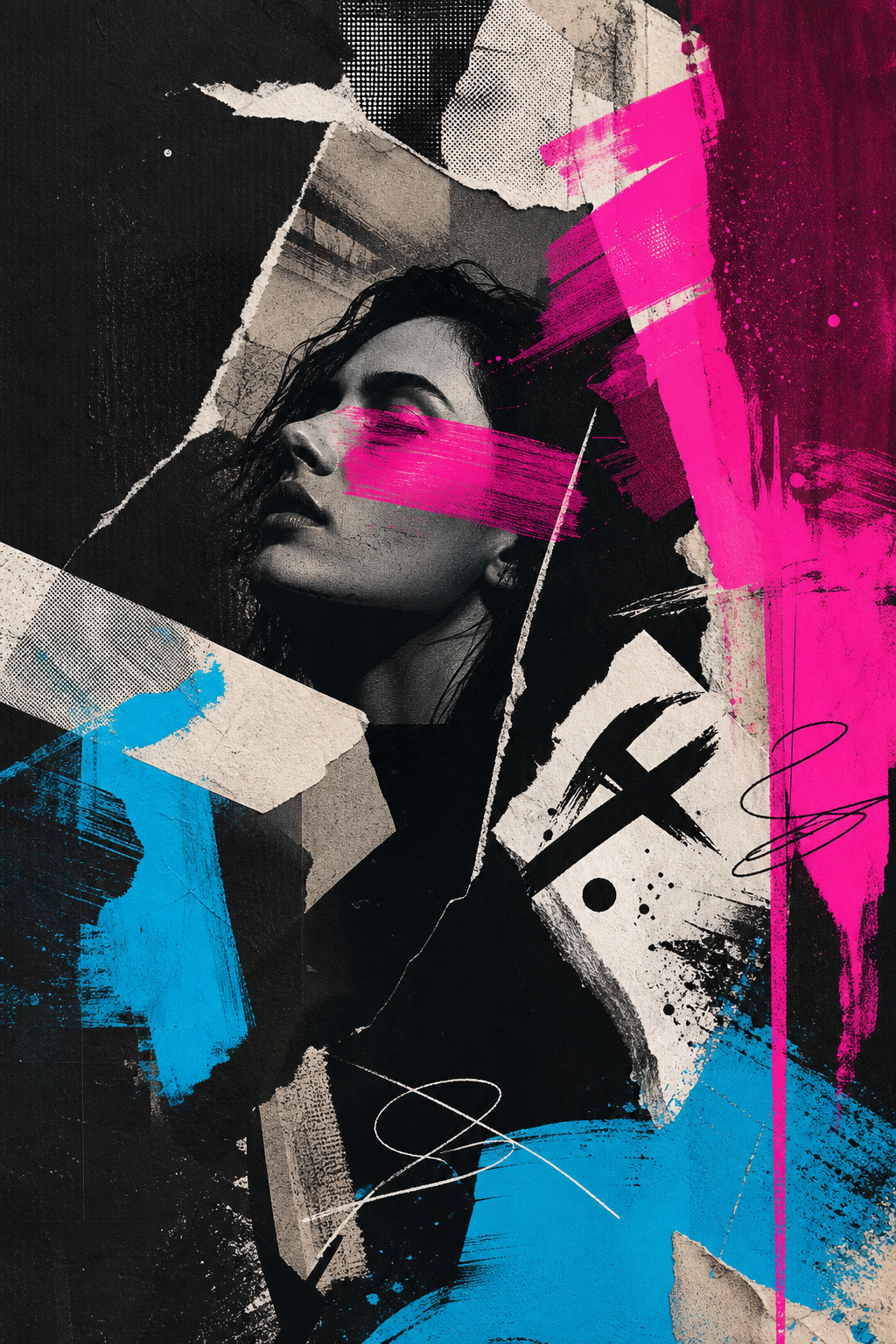 Editorial collage of layered abstract paint strokes, vibrant neon accents, and textured paper elements in a dramatic, contemporary style