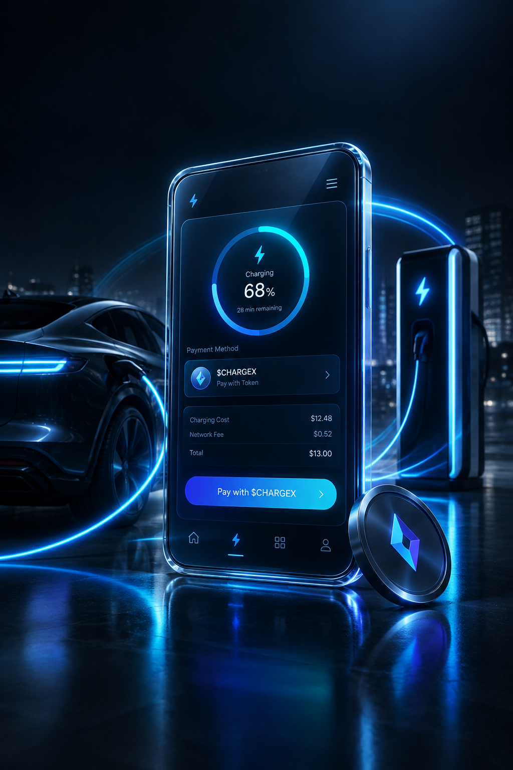 Sleek EV charging payment interface concept shown inside a glass-like device frame, with indigo and cyan energy trails on a dark cinematic backdrop