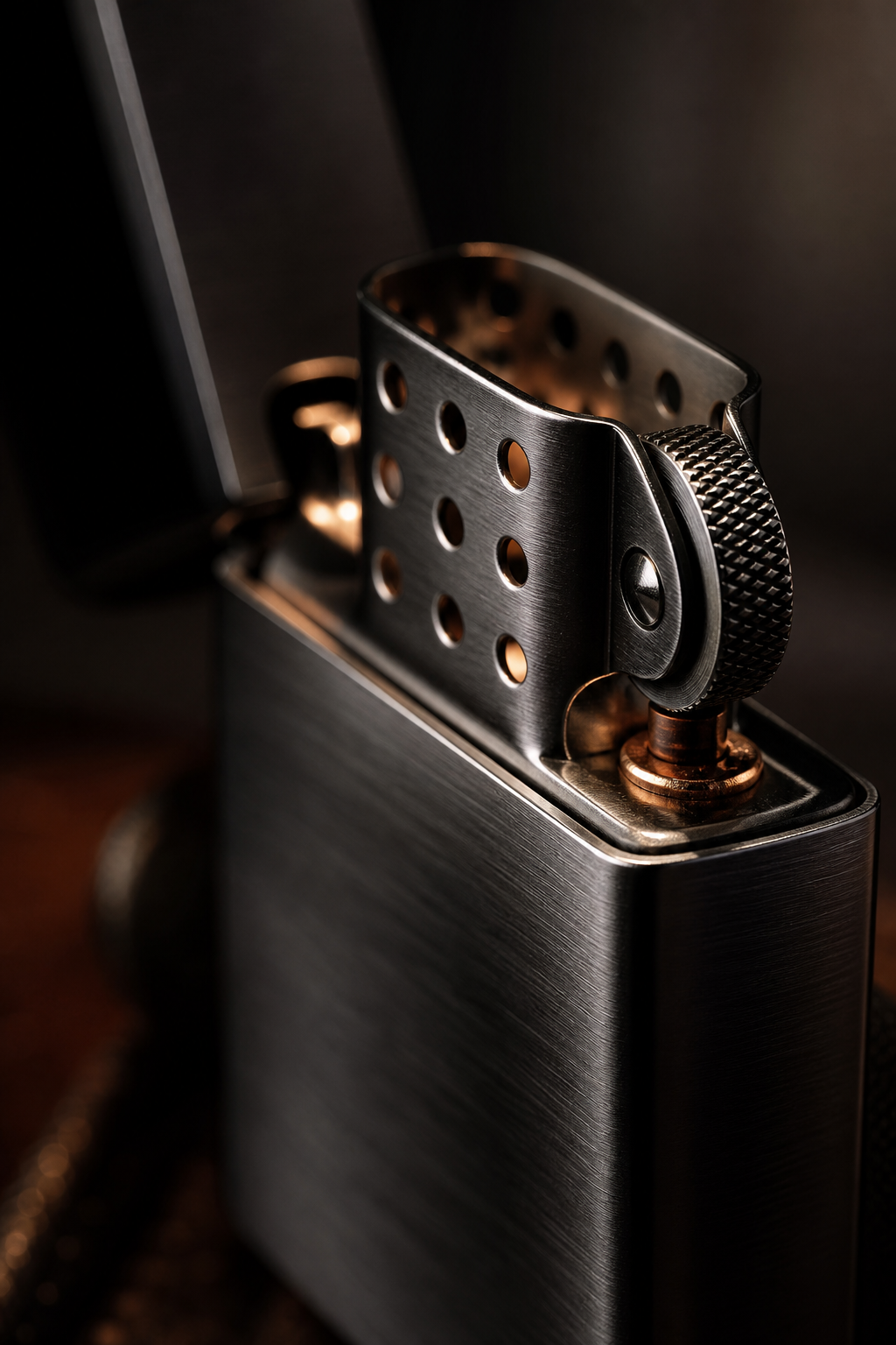 Close-up of a brushed metal lighter body with precision knurled wheel and warm reflected light emphasizing texture