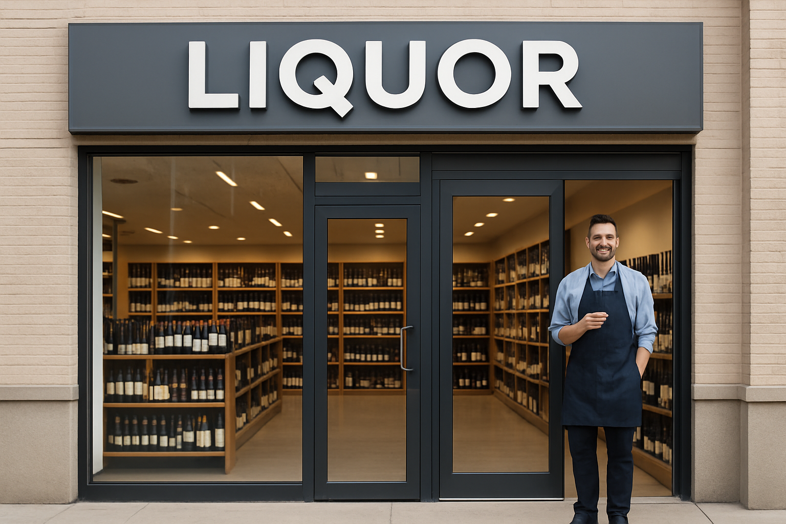 Modern liquor store storefront with a friendly staff member holding a phone and neatly arranged shelves inside