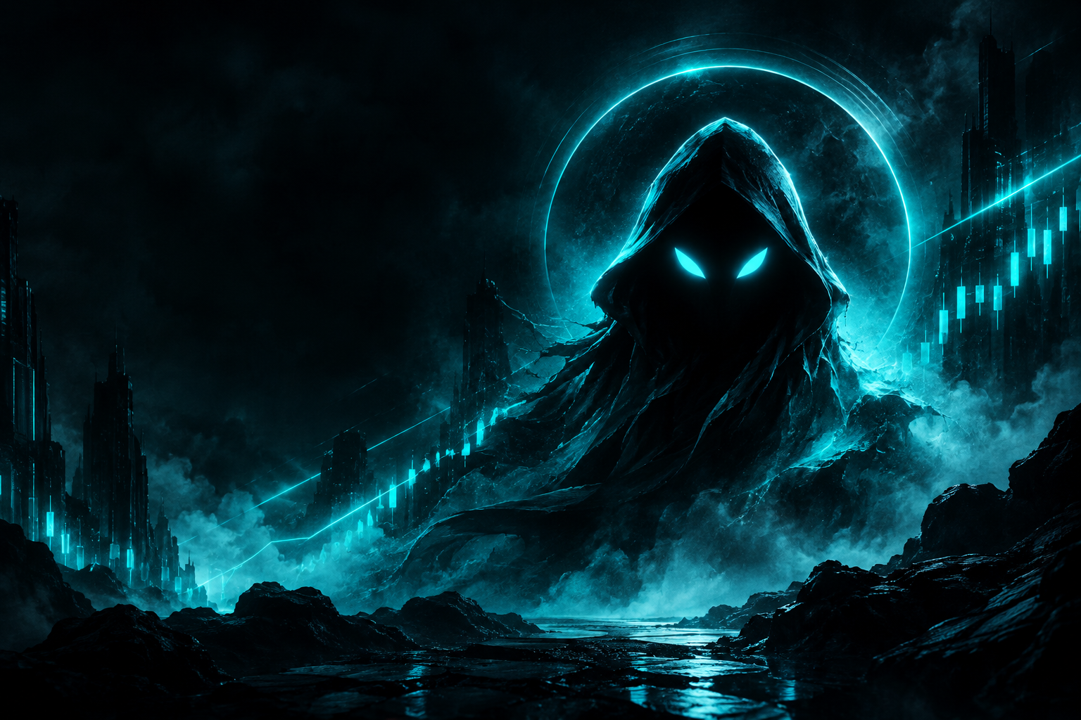 Logo-led atmospheric digital scene with glowing cyan network traces, abstract signal textures, and cinematic dark depth