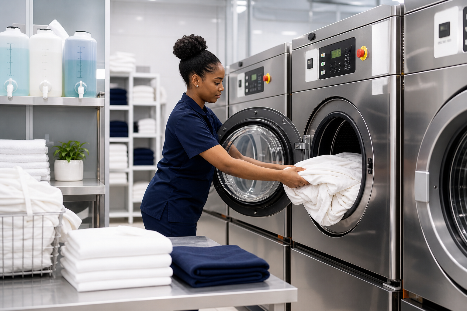 Professional washing process with commercial machines and controlled detergents