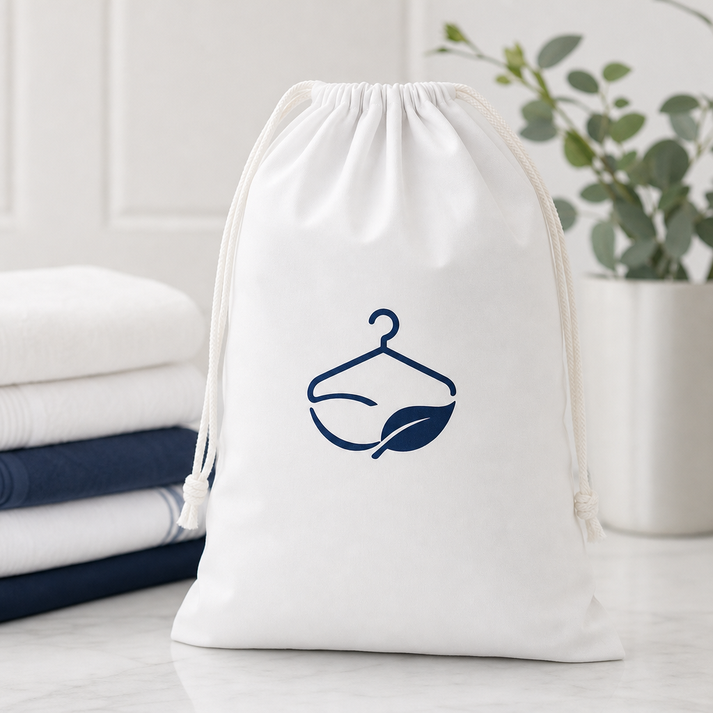 FreshFetch white drawstring laundry bag with a subtle navy logo, neatly standing upright