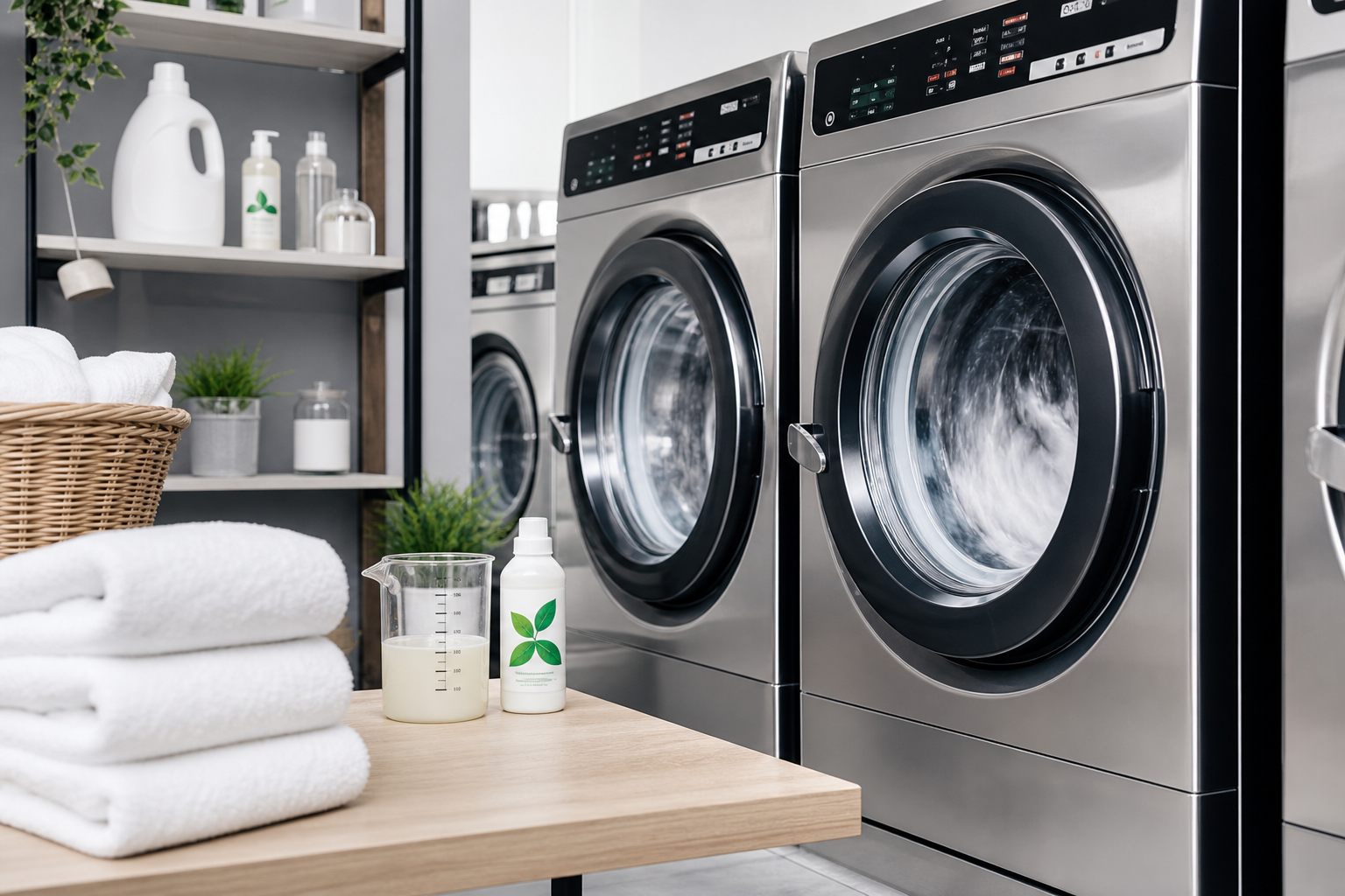 Front-loading commercial washers running linen cycles with measured eco detergent bottles nearby