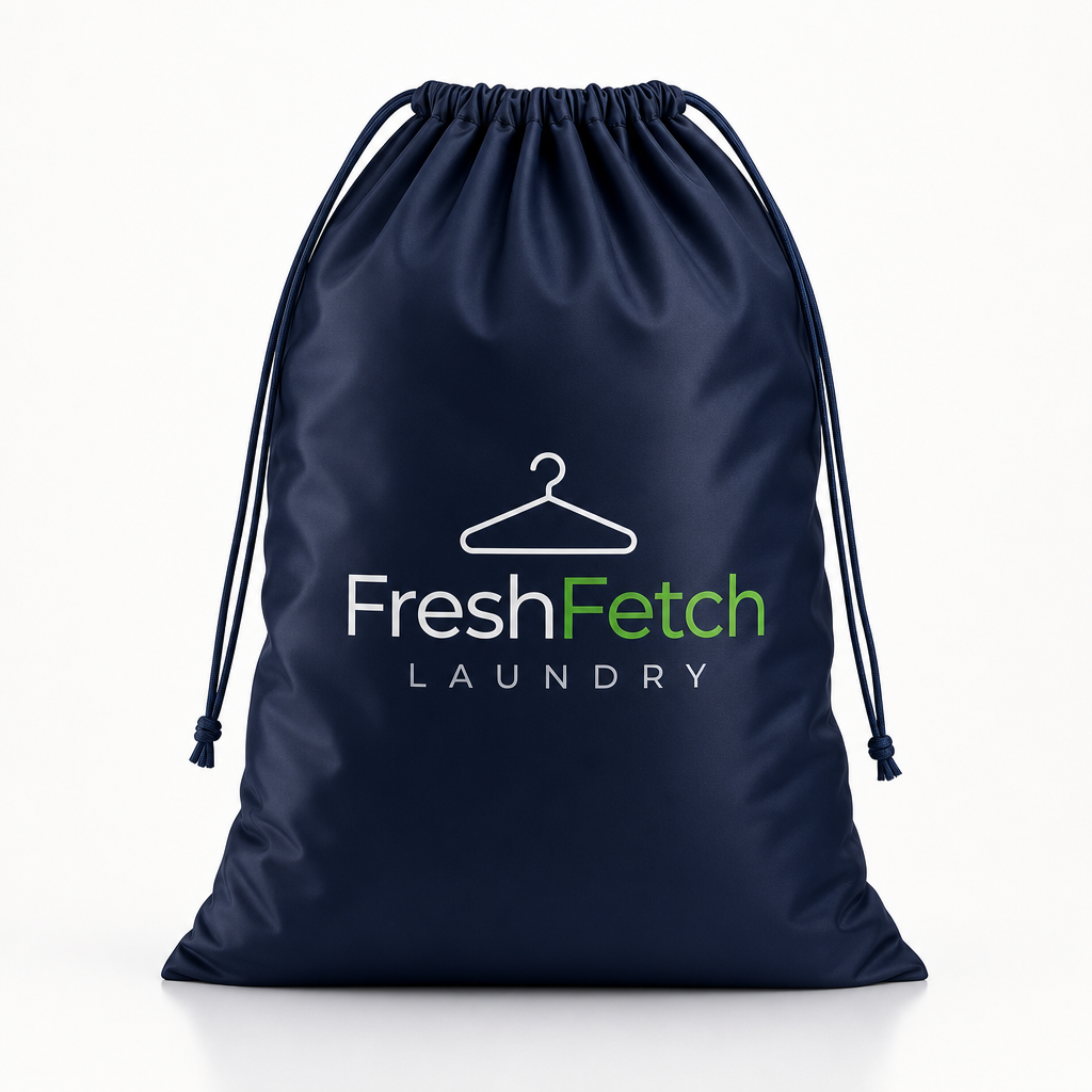 Premium large FreshFetch laundry bag in crisp white fabric with navy trim and green logo, styled for a luxury hospitality setting