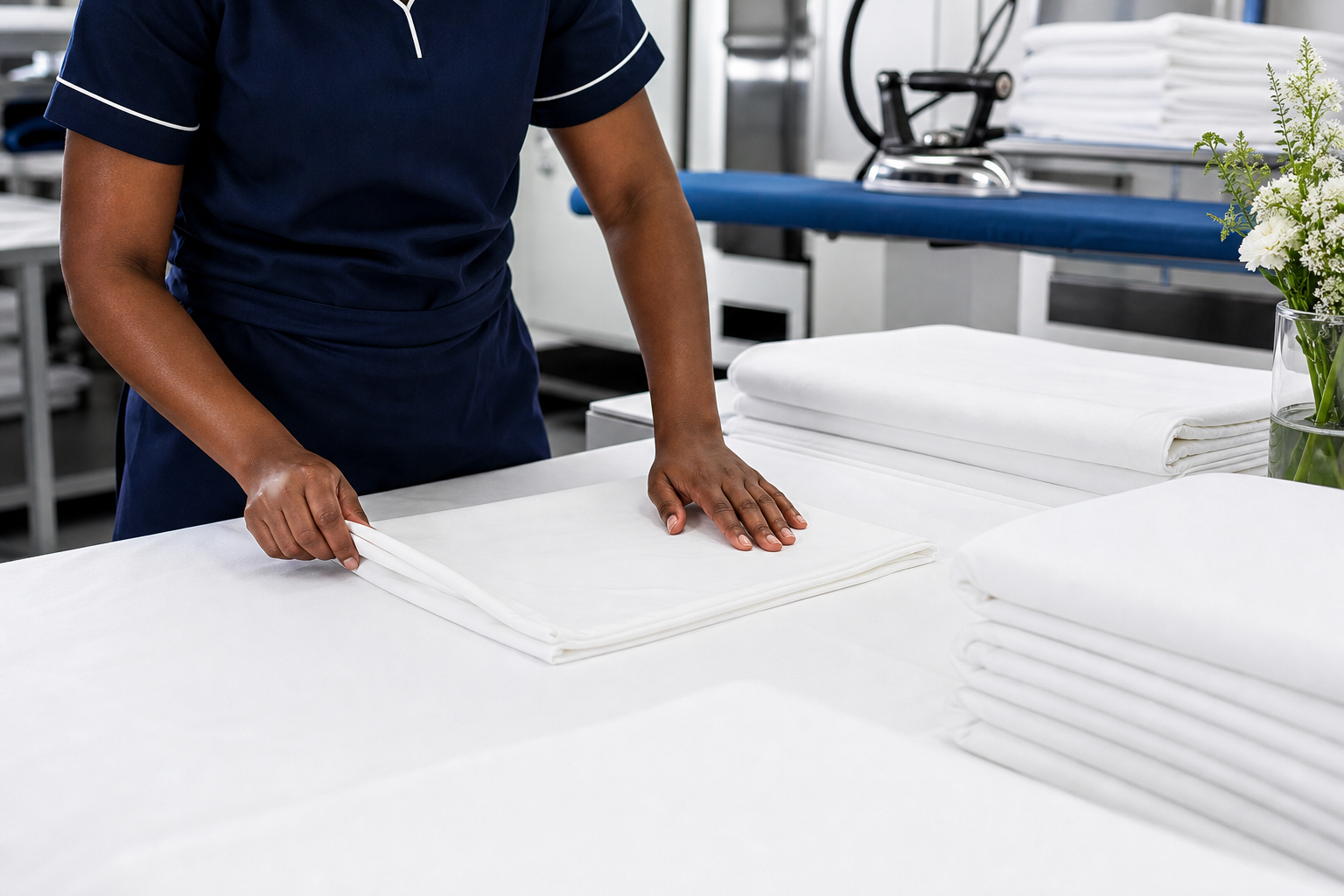 Careful folding of freshly cleaned linen for a crisp presentation