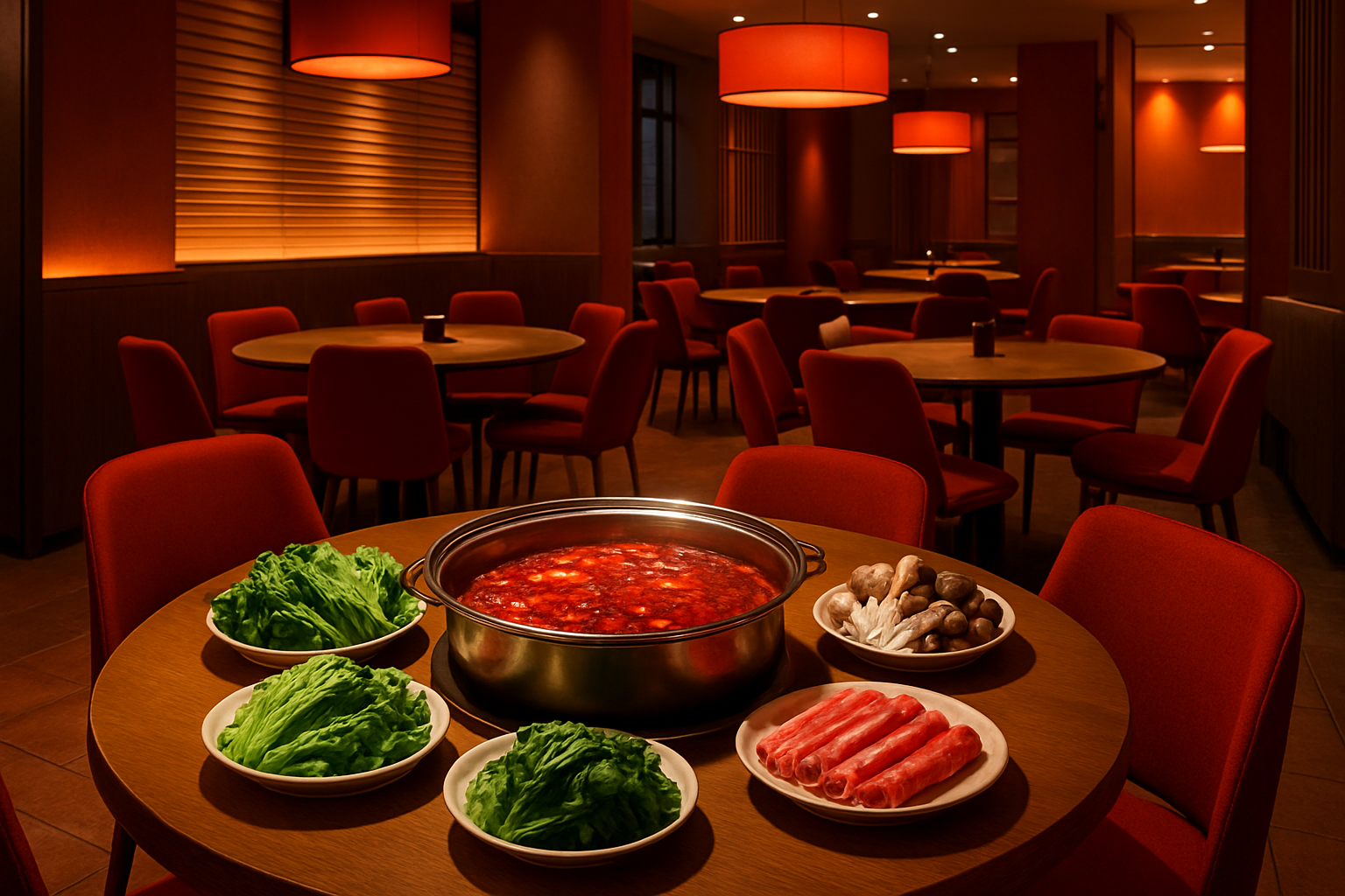 现代风格火锅门店内景，圆形餐桌上摆满红汤火锅与新鲜食材，暖色灯光营造热烈聚餐氛围