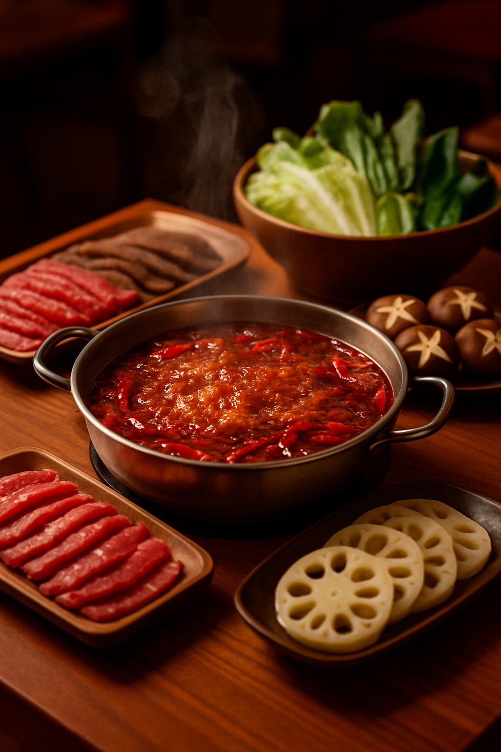 热气升腾的牛油红汤火锅，搭配新鲜毛肚、肥牛、菌菇与绿色蔬菜，摆放在现代木质桌面上