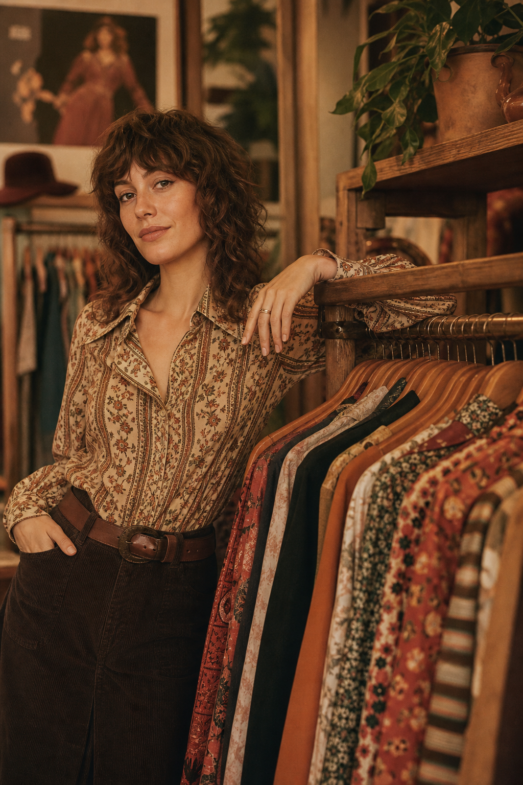 Warm portrait of a vintage curator in a 1970s blouse beside clothing racks