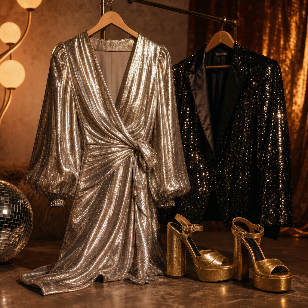 1970s disco-inspired collection with a metallic silver wrap dress, sequined blazer, and platform heels styled under warm studio lighting