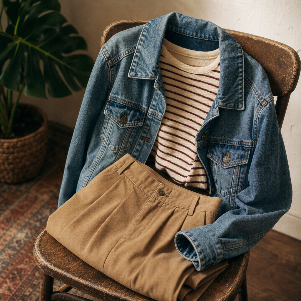 Assorted 1980s everyday staples including a soft denim jacket, striped knit top, and high-waist trousers folded on a vintage wooden chair