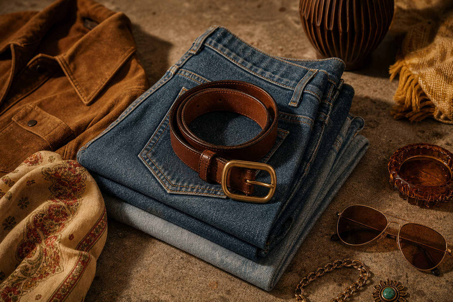 Still life of folded vintage denim, a leather belt, and retro accessories