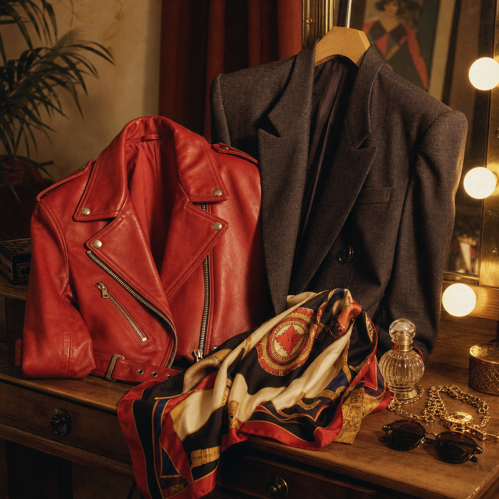 Bold 1980s statement pieces including a red leather moto jacket, exaggerated-shoulder blazer, and graphic silk scarf arranged on a dressing table