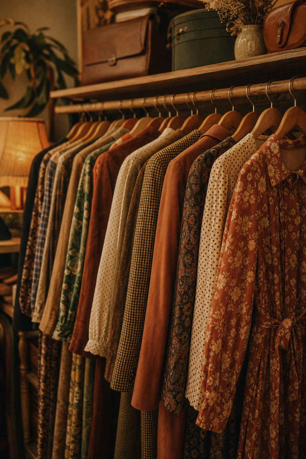 Warm editorial photo of a curated rack of 1970s and 1980s vintage clothing in earthy tones