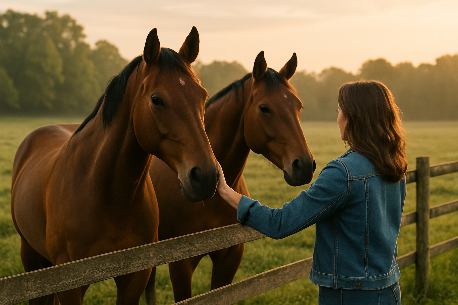 Two calm bay horses standing near a wooden fence with a woman in a denim jacket, early morning light over a green pasture