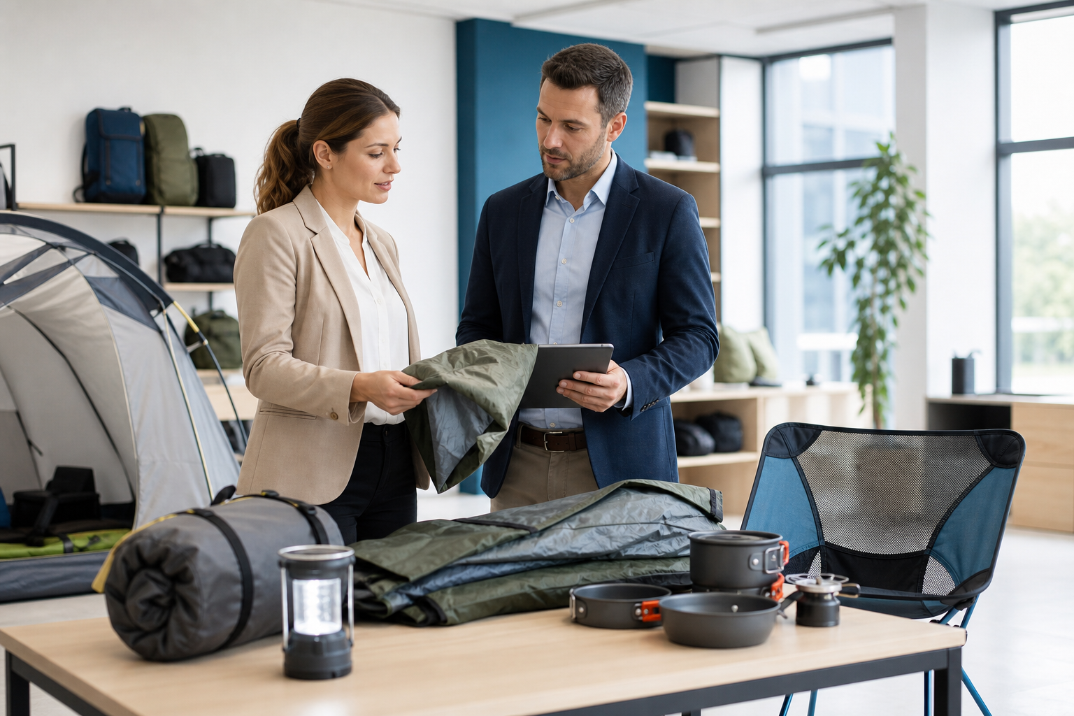 Procurement professionals reviewing camping and outdoor product samples in a clean showroom