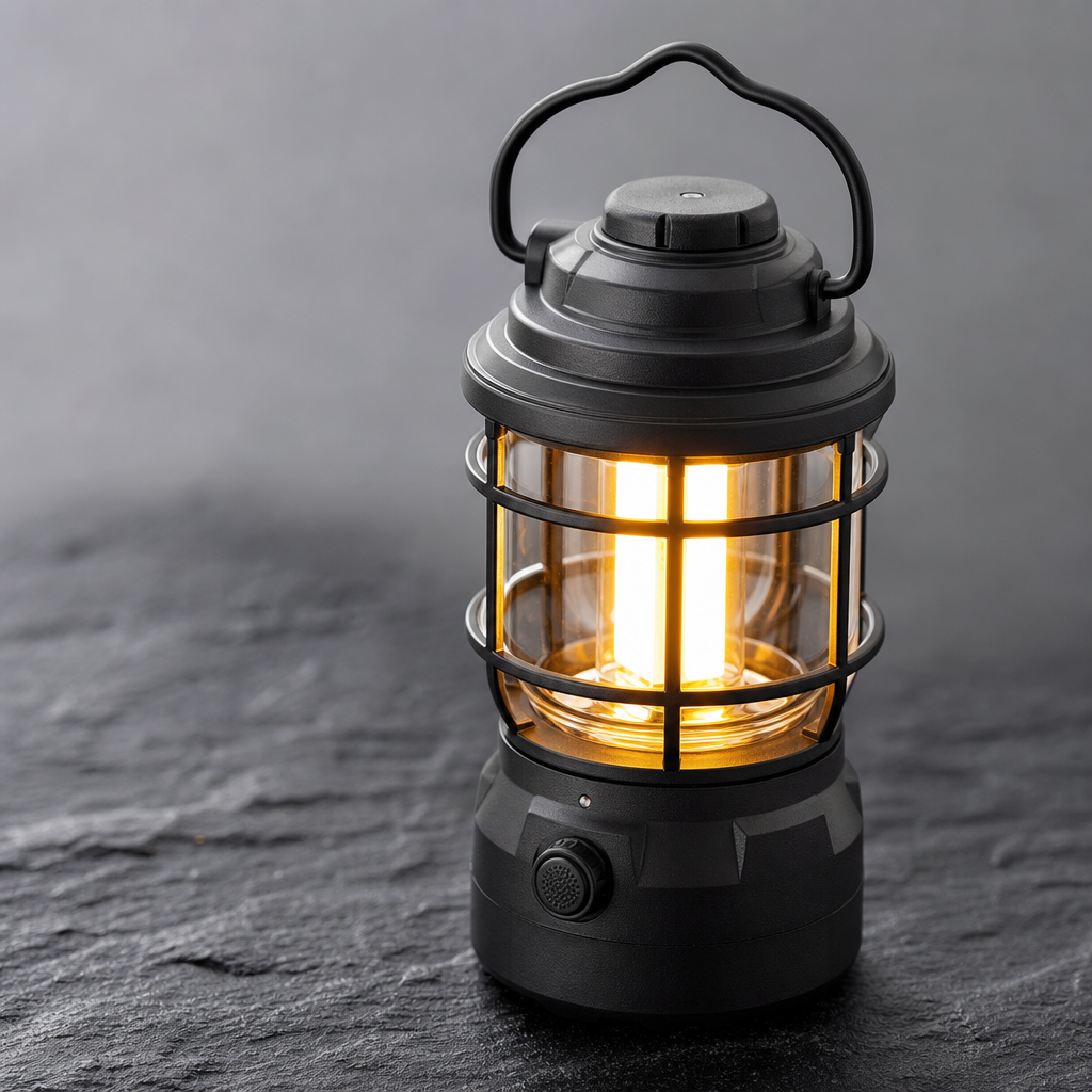 Close-up of a compact graphite camping lantern with a warm light glow