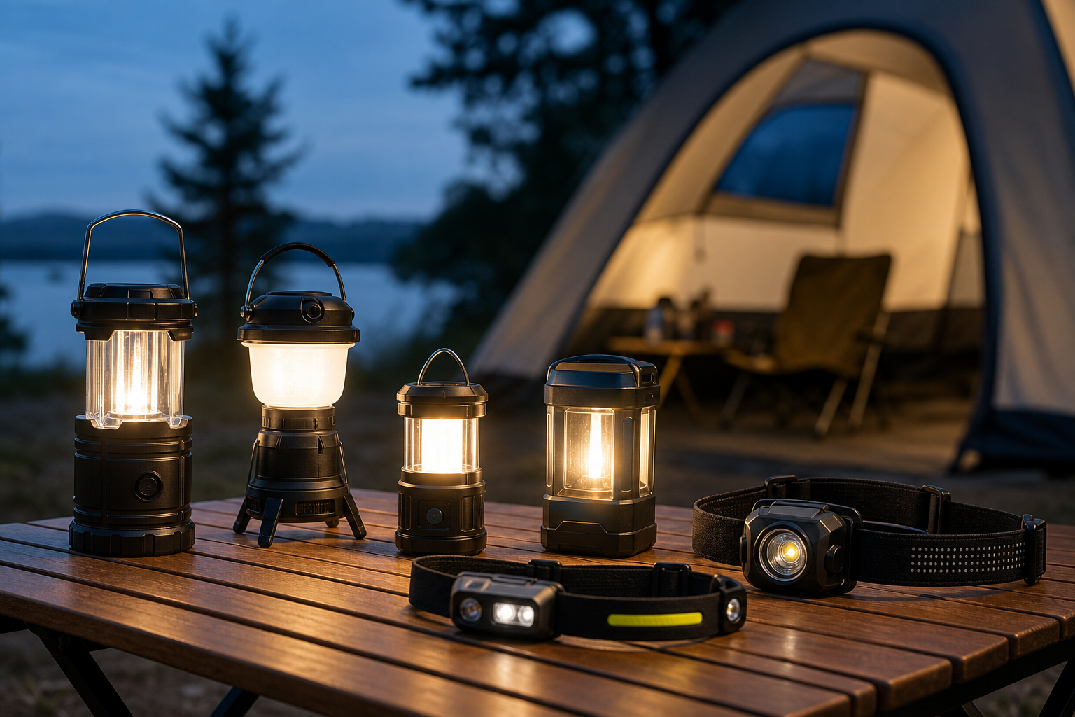 Portable LED lanterns and headlamps arranged on a wooden table with a tent in the background
