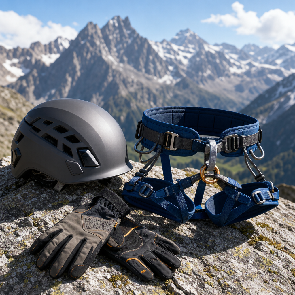 Hiking and mountaineering protection gear including helmet, harness, and gloves on a rugged alpine rock surface