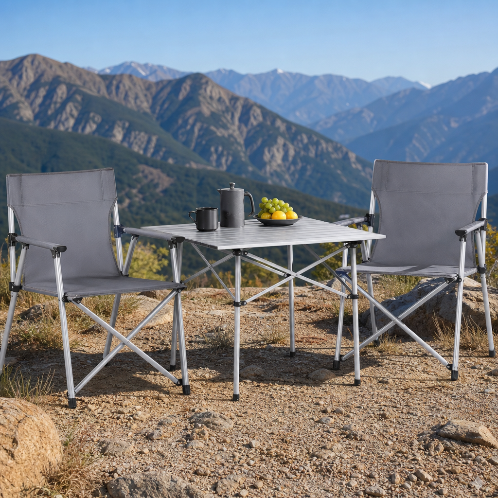 Compact outdoor table and folding chair set on a rocky campsite with scenic mountains