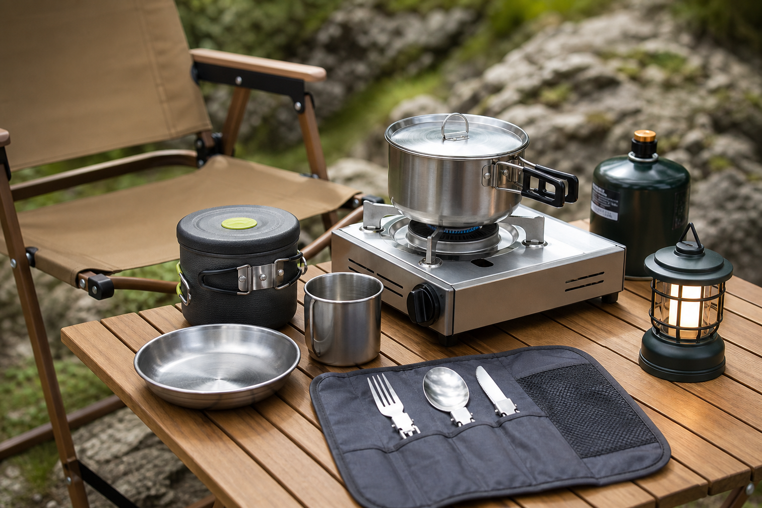 Portable camping stove with cookware, utensils, and lantern arranged on a wooden camp table
