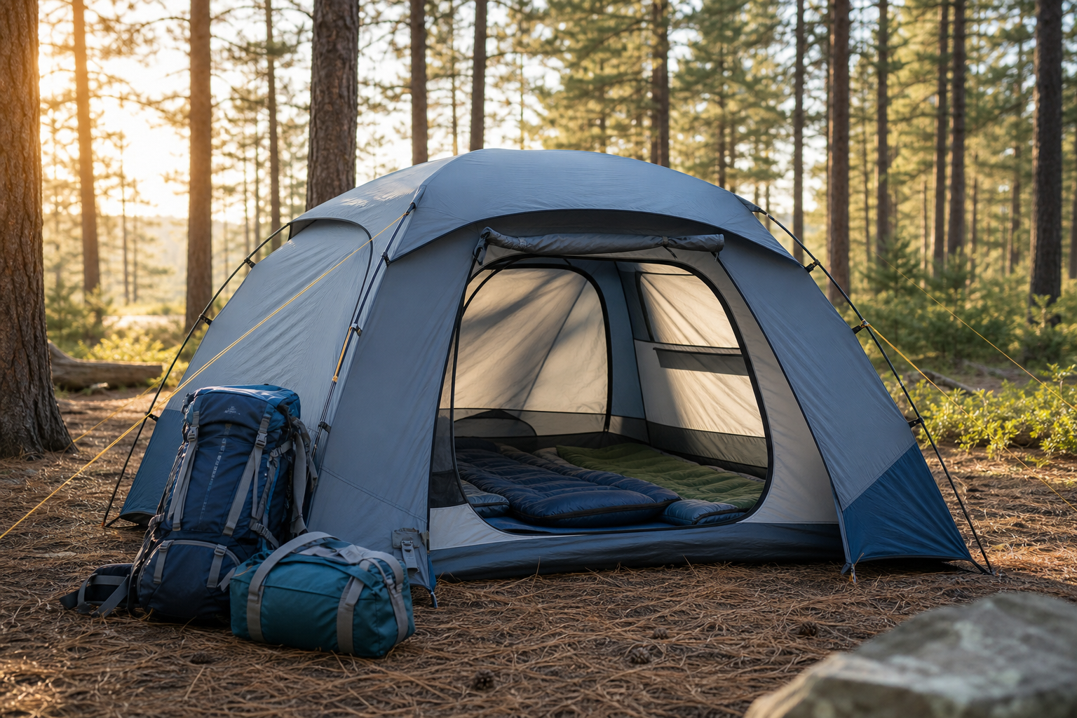 Modern family camping tent setup in a pine forest with organized gear and soft morning light