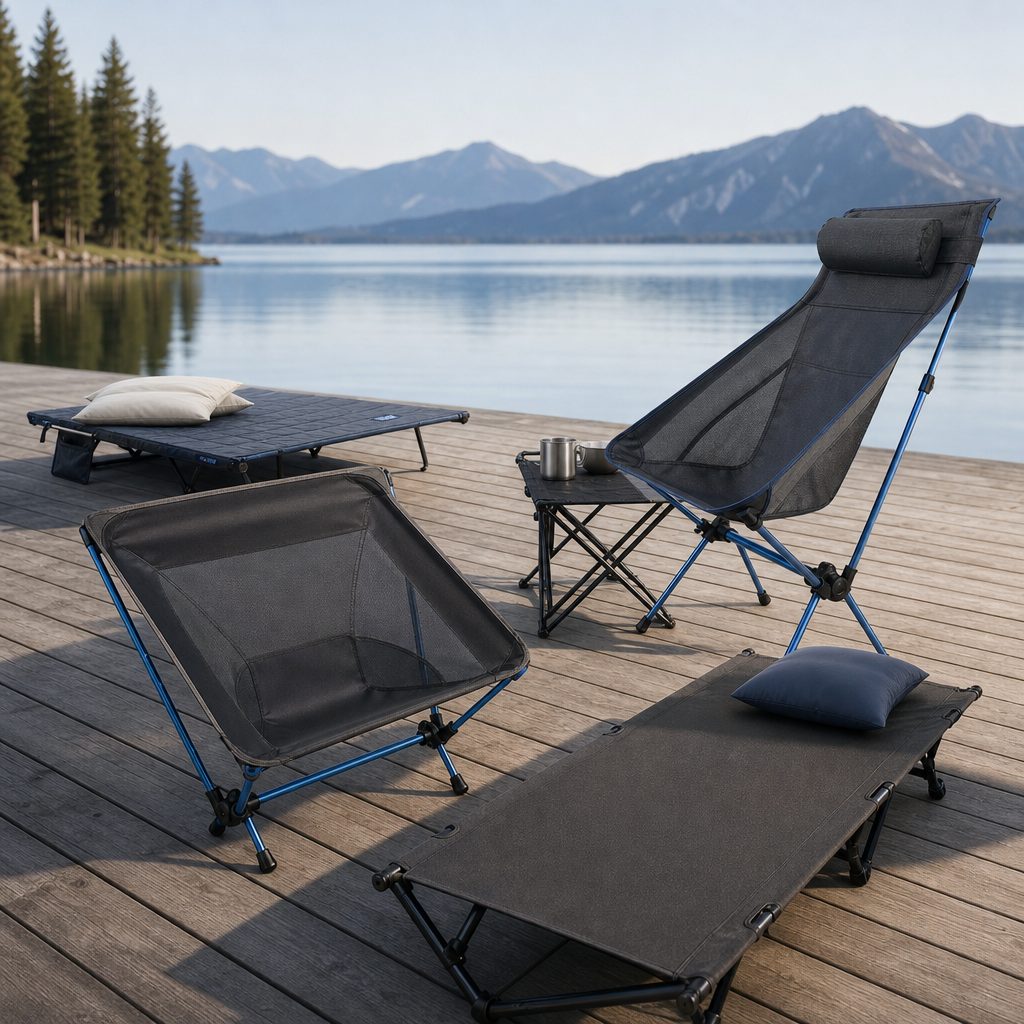 Foldable outdoor lounge chairs and compact camp cots arranged on a lakeside deck in neutral graphite textiles