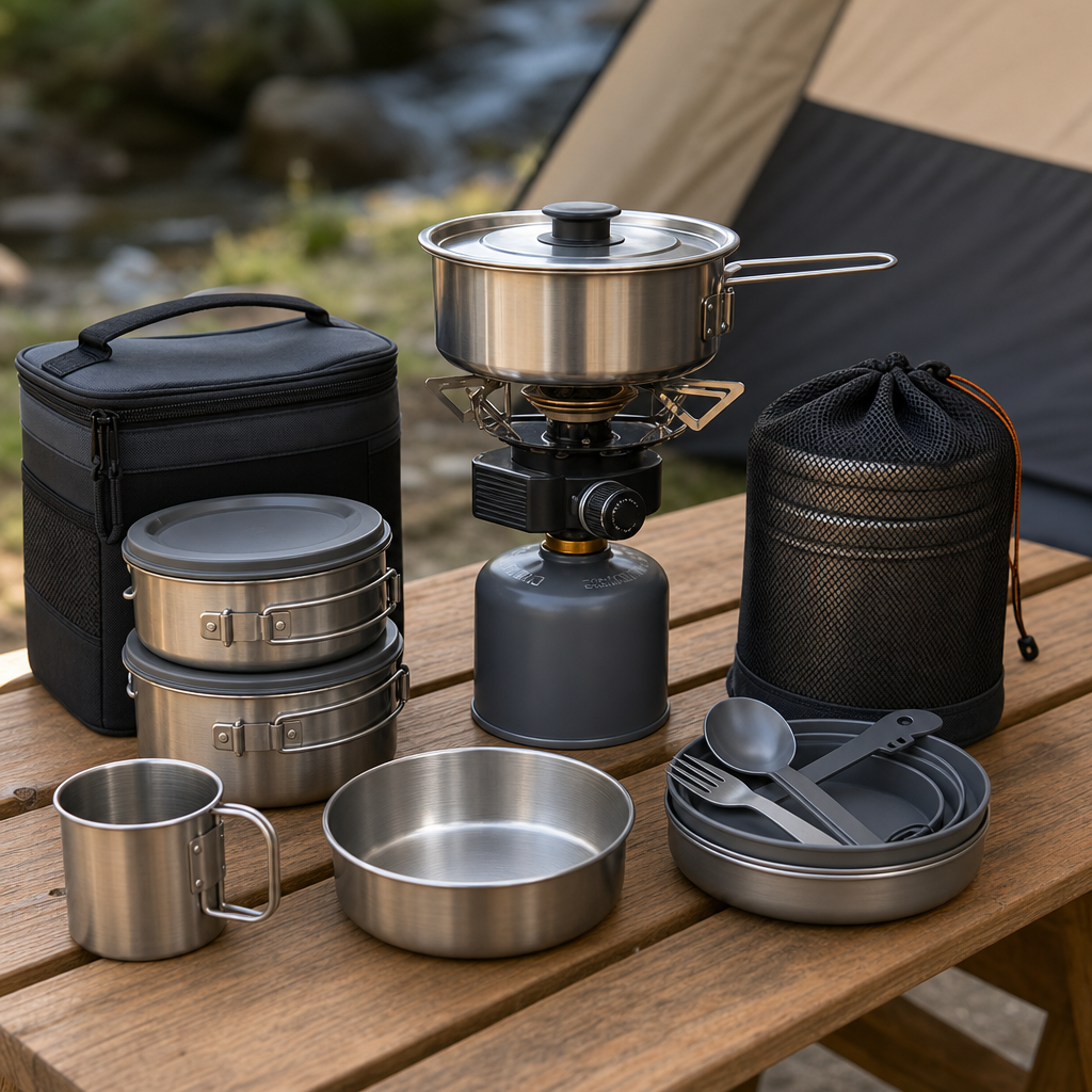 Compact camping stove, stainless cookware set, and stackable utensils displayed on a wooden camp table
