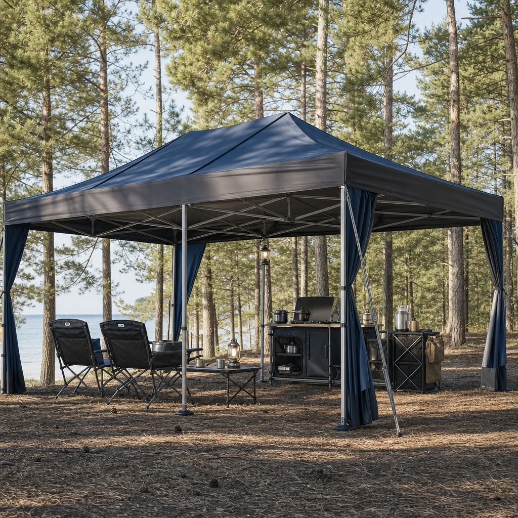 Professional tent canopy system pitched in a pine forest with reinforced aluminum frame and taut weatherproof fabric