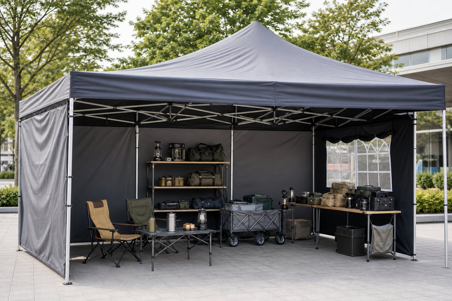 Professional outdoor tent canopy with reinforced frame set up for retail and event use