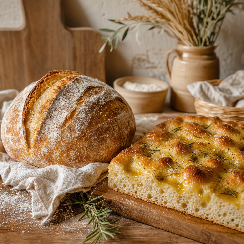 Warm artisan bakery workspace with hands finishing handmade organic pastries on a wooden table, surrounded by linen cloth, grains, and soft morning light.