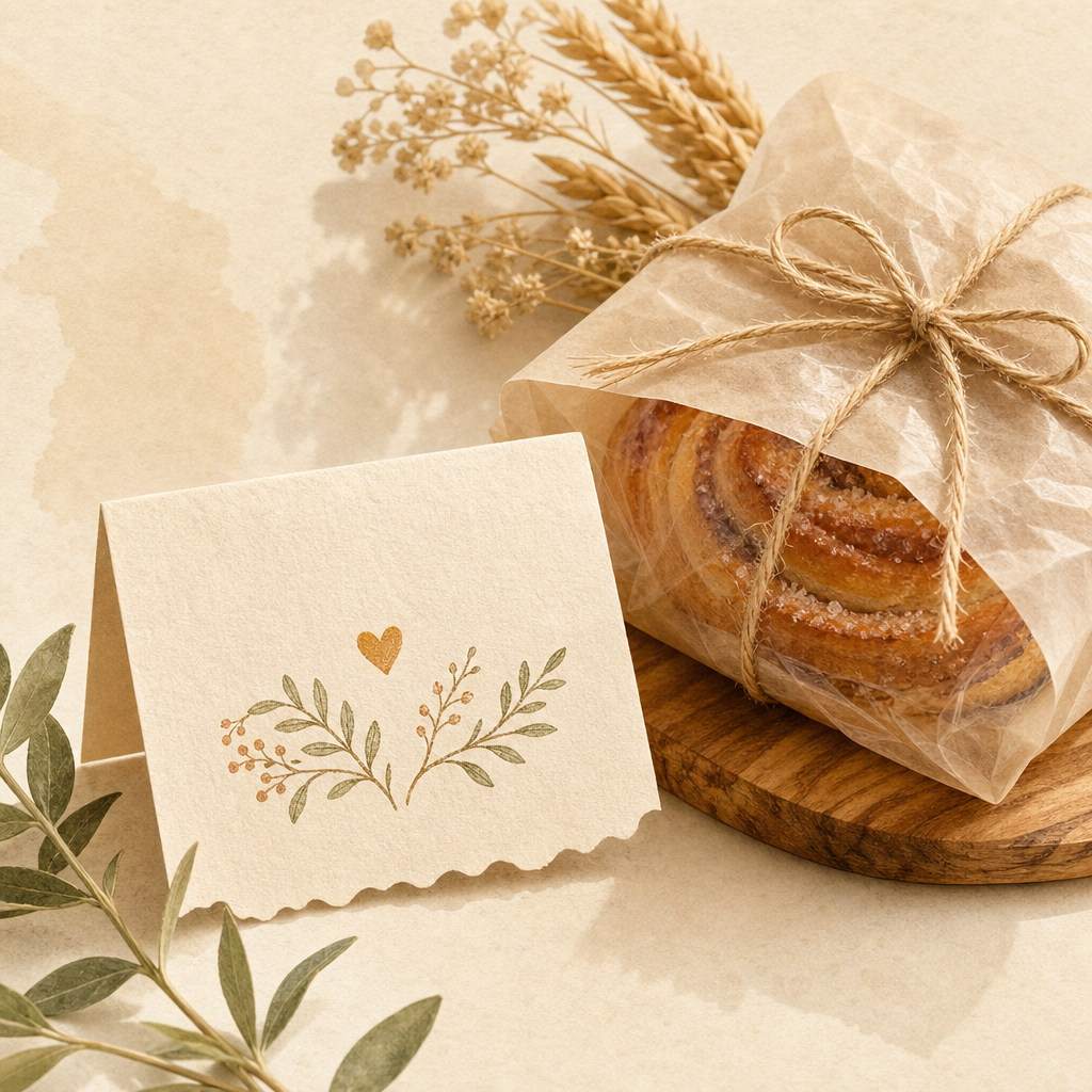Small illustrated bakery counter card with a wrapped pastry note and warm artisan details