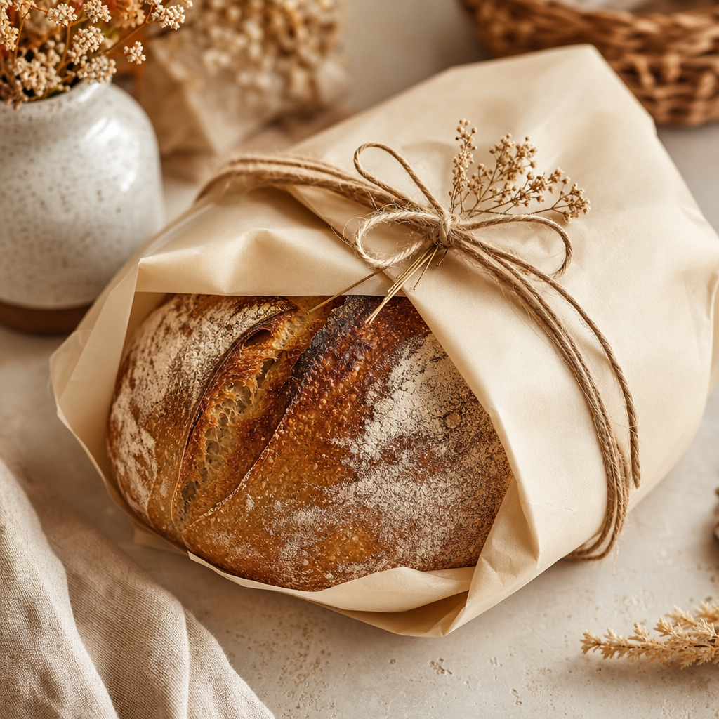 Hand-wrapped artisan bread loaf in soft bakery paper and twine, presented as a premium ready-to-gift baked offering on a warm neutral surface.