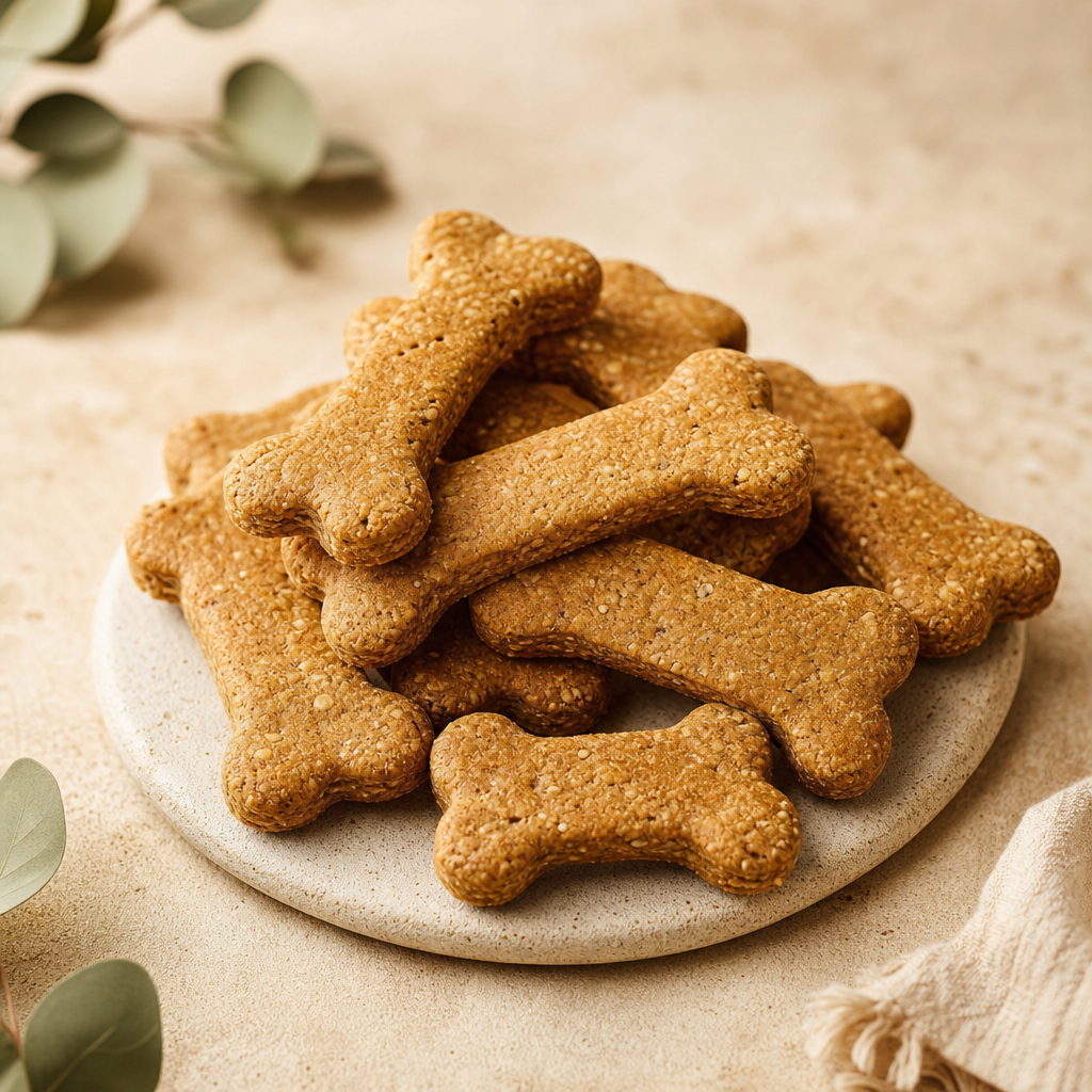 Organic dog-bone shaped biscuit with a warm golden-brown baked finish, styled as a wholesome treat for furry family members on a soft paper-toned surface.