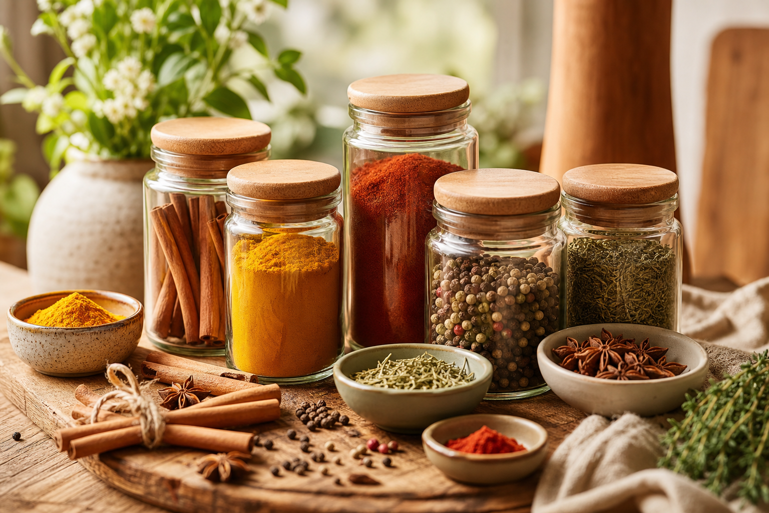 Refined arrangement of premium organic spice jars and loose spices on a warm artisan wooden surface