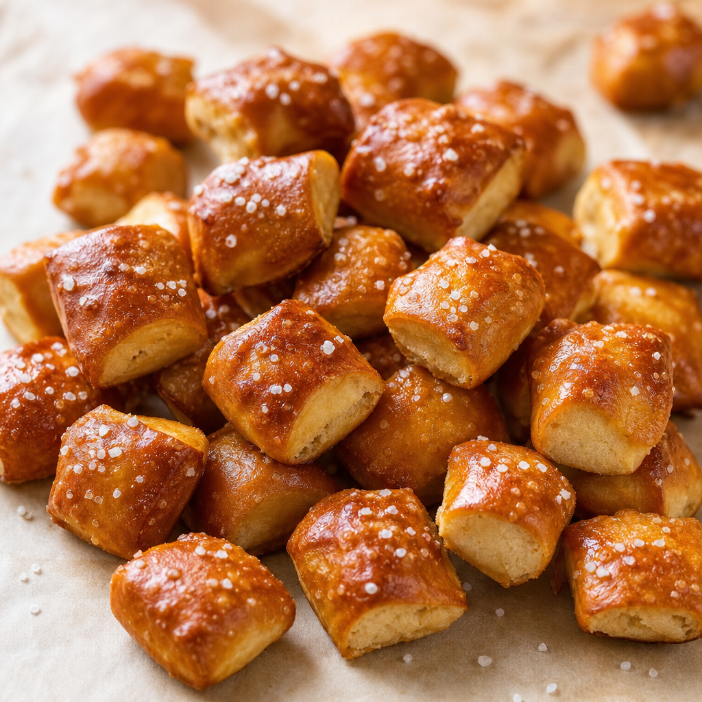 Golden handmade pretzel bites with a softly glossy baked crust and artisanal texture, presented as cheerful everyday snackables on a warm neutral surface.